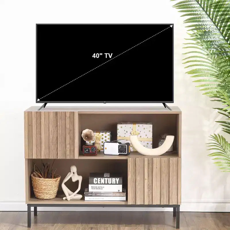 Bahut semi-ouvert, buffet à motif ondulé de 100 cm avec pieds en métal, console marron chêne et noire pour salon, salle à manger, meuble de rangement d'entrée