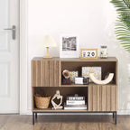 Bahut semi-ouvert, buffet à motif ondulé de 100 cm avec pieds en métal, console marron chêne et noire pour salon, salle à manger, meuble de rangement d'entrée