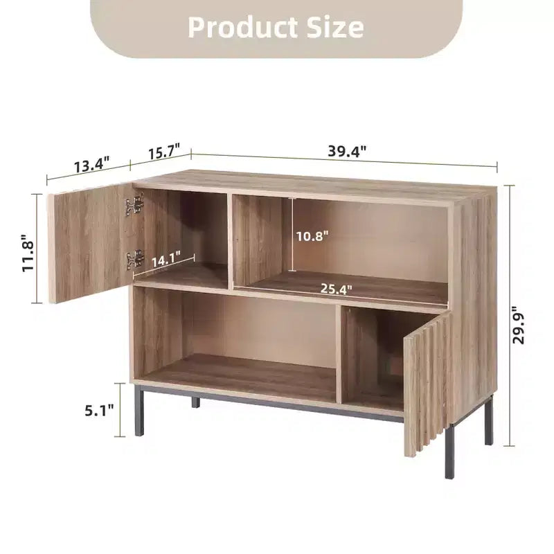 Bahut semi-ouvert, buffet à motif ondulé de 100 cm avec pieds en métal, console marron chêne et noire pour salon, salle à manger, meuble de rangement d'entrée