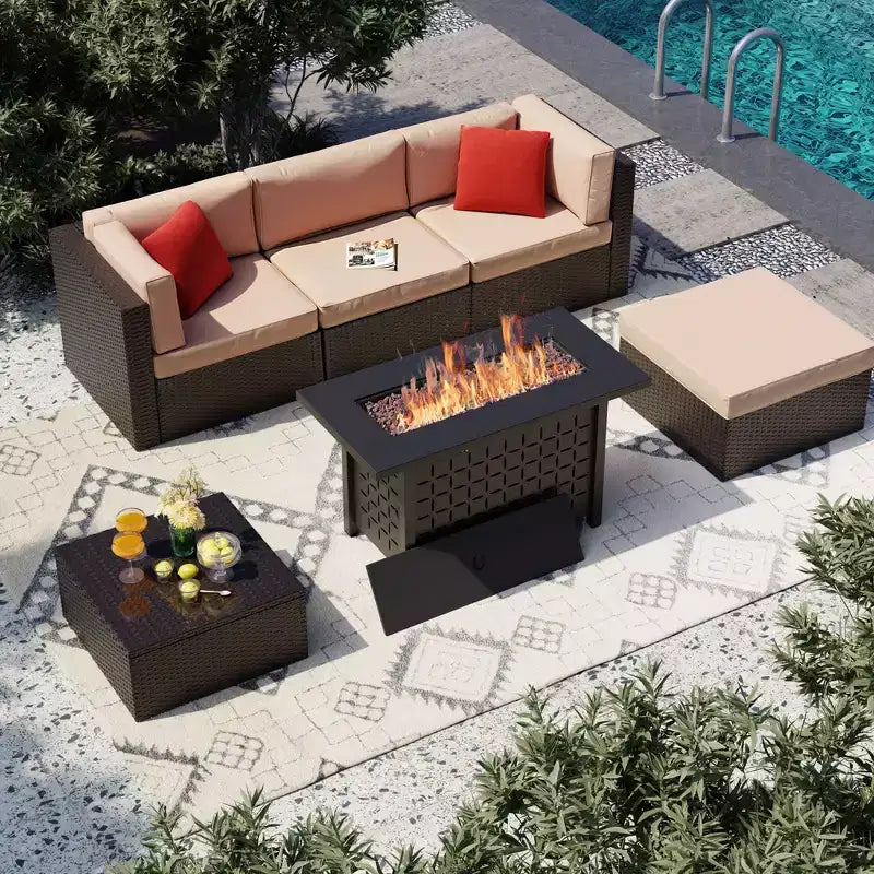 Celebalcony Set Mobili da Giardino 6 Pezzi con Tavolo Braciere da 45 Pollici. Divano Sezionale Esterno in Rattan Vimini PE Set da Conversazione con Tavolo in Vetro