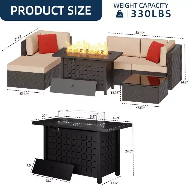 Celebalcony Set Mobili da Giardino 6 Pezzi con Tavolo Braciere da 45 Pollici. Divano Sezionale Esterno in Rattan Vimini PE Set da Conversazione con Tavolo in Vetro