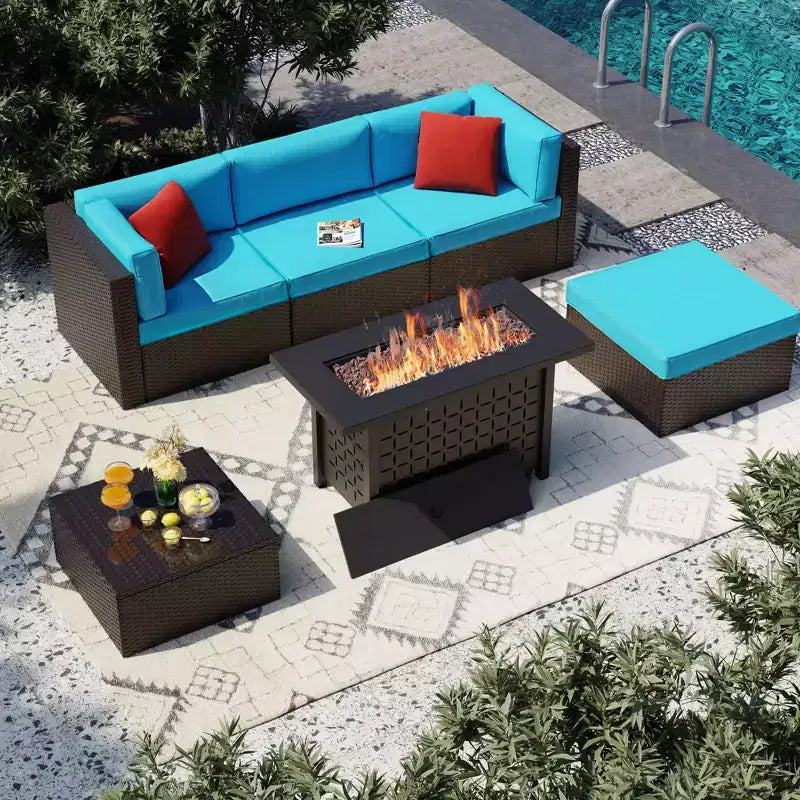 Celebalcony Set Mobili da Giardino 6 Pezzi con Tavolo Braciere da 45 Pollici. Divano Sezionale Esterno in Rattan Vimini PE Set da Conversazione con Tavolo in Vetro
