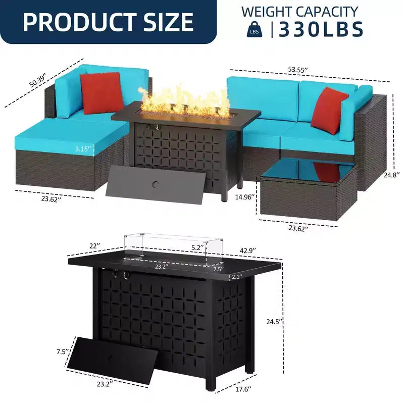 Celebalcony Set Mobili da Giardino 6 Pezzi con Tavolo Braciere da 45 Pollici. Divano Sezionale Esterno in Rattan Vimini PE Set da Conversazione con Tavolo in Vetro