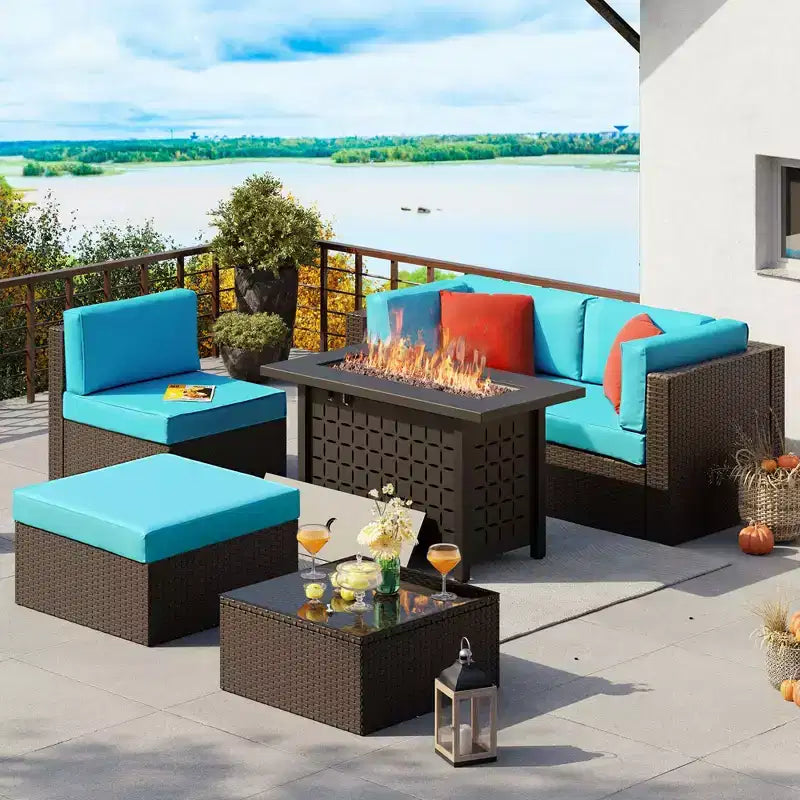 Celebalcony Ensemble de mobilier de jardin 6 pièces avec table brasero de 114 cm. Salon de jardin d'angle en rotin PE avec table en verre