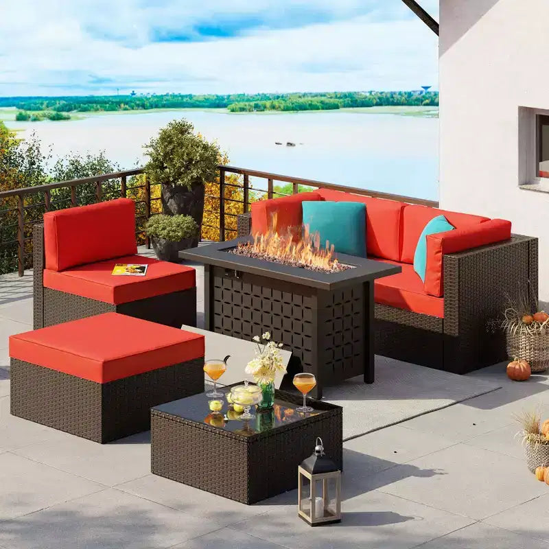 Celebalcony Ensemble de mobilier de jardin 6 pièces avec table brasero de 114 cm. Salon de jardin d'angle en rotin PE avec table en verre