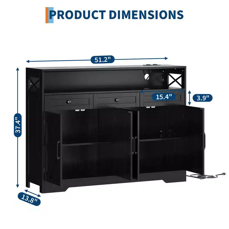 Credenza con cassetti e ripiani, dotata di spazio contenitivo e stazione di ricarica, adatta per cucine, sale da pranzo e soggiorni.