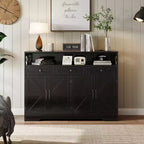 Credenza con cassetti e ripiani, dotata di spazio contenitivo e stazione di ricarica, adatta per cucine, sale da pranzo e soggiorni.