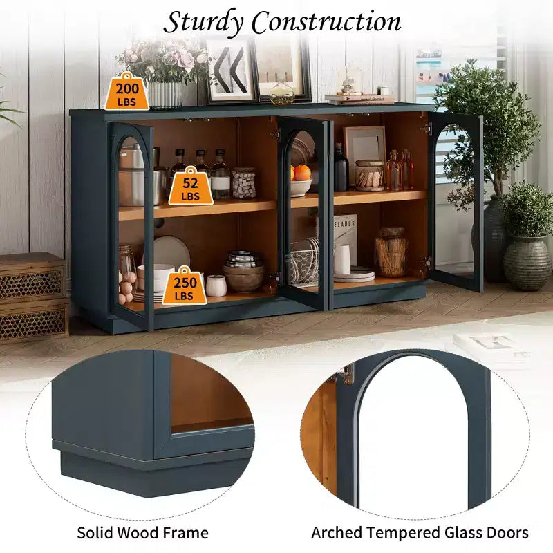 GDFStudio Henley, Credenza a 4 ante con ante in vetro ad arco e ripiani regolabili