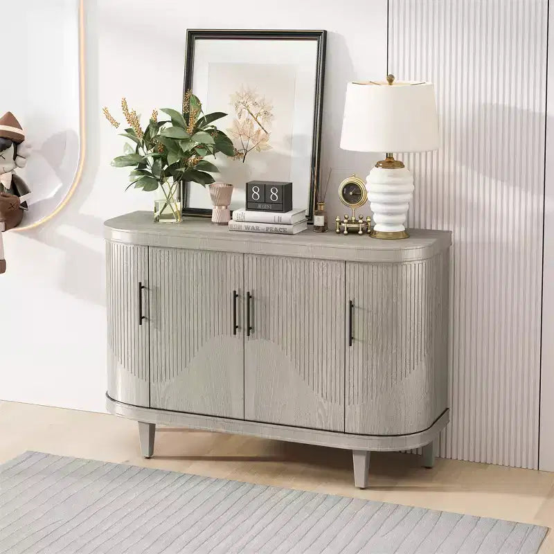 Madia contenitore moderna con accenti, credenza a buffet curva con 4 ante, ripiani regolabili, mobiletto bar per soggiorno, corridoio
