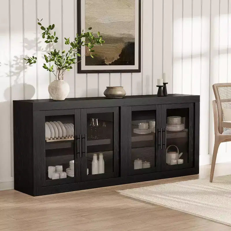 GustoWave Modern Accent Kitchen Sideboard Buffet Cabinet with 4 Glass Doors, Black