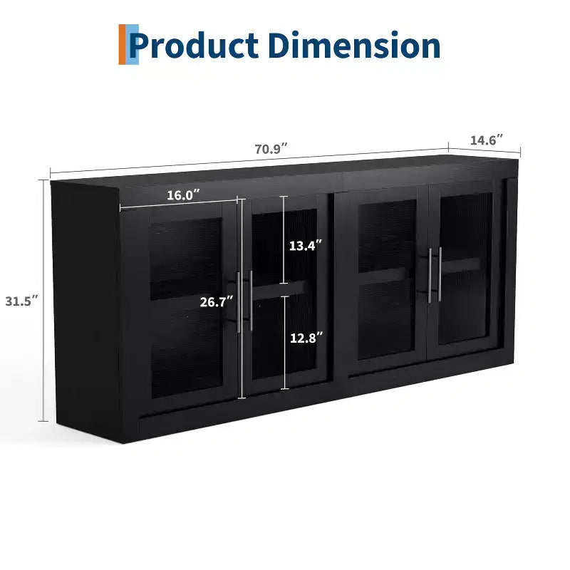 Buffet de cuisine d'appoint moderne GustoWave avec 4 portes vitrées, noir