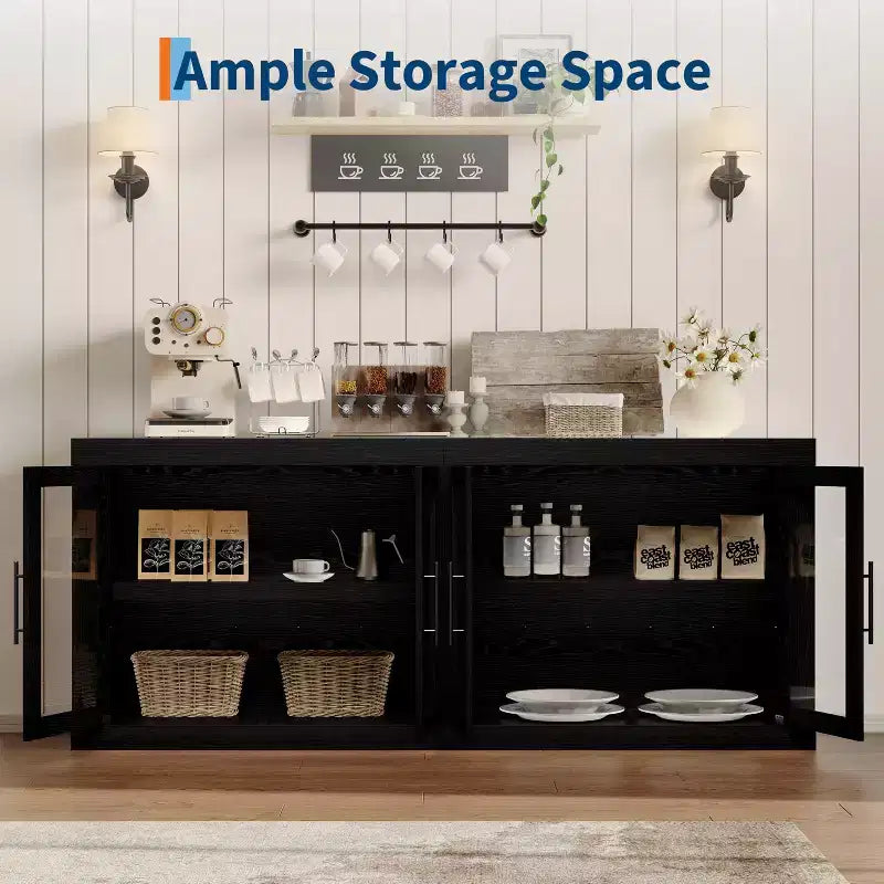 Buffet de cuisine d'appoint moderne GustoWave avec 4 portes vitrées, noir