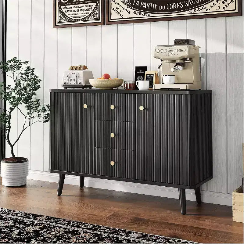 47 Sideboard Buffet Cabinet with Drawers, Fluted Accent Storage Cabinet with 2 Doors and 3 Drawers, Black