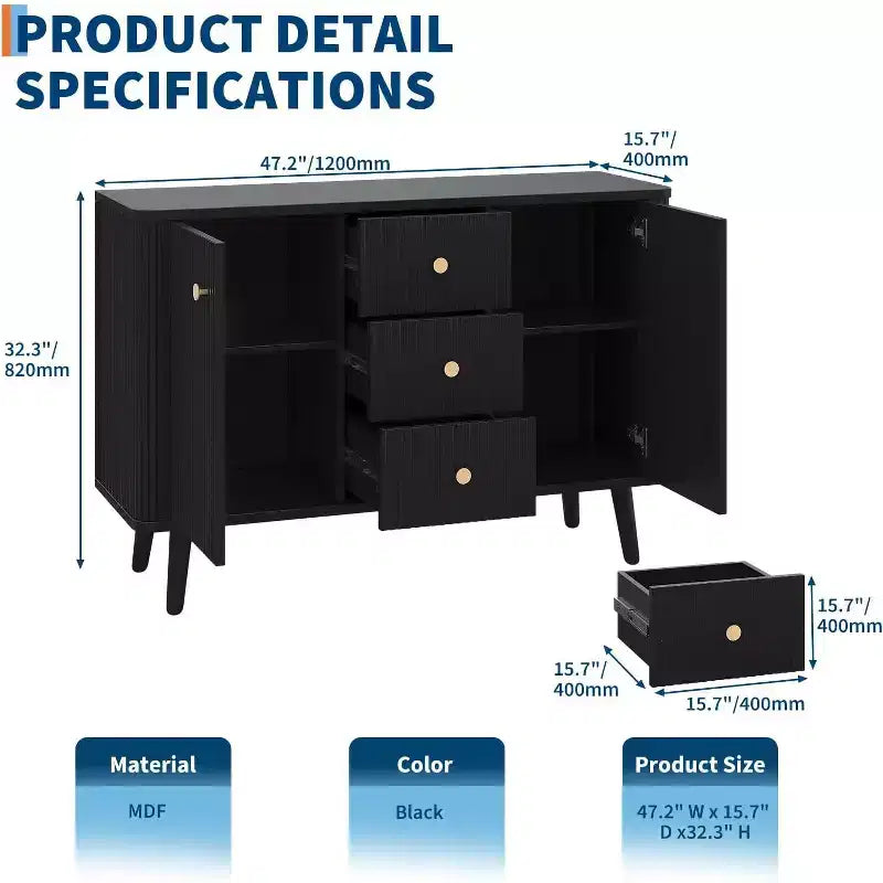 Mobile credenza con ante, buffet con cassetti e ante a flauto, mobile contenitore con 2 ante e 3 cassetti, nero