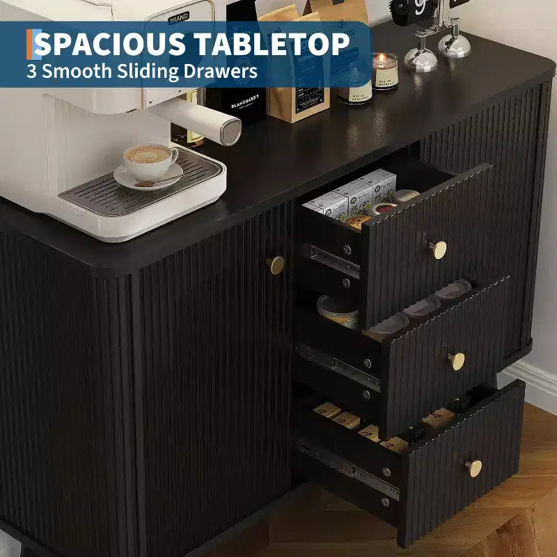 Mobile credenza con ante, buffet con cassetti e ante a flauto, mobile contenitore con 2 ante e 3 cassetti, nero
