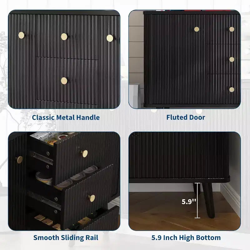 Mobile credenza con ante, buffet con cassetti e ante a flauto, mobile contenitore con 2 ante e 3 cassetti, nero