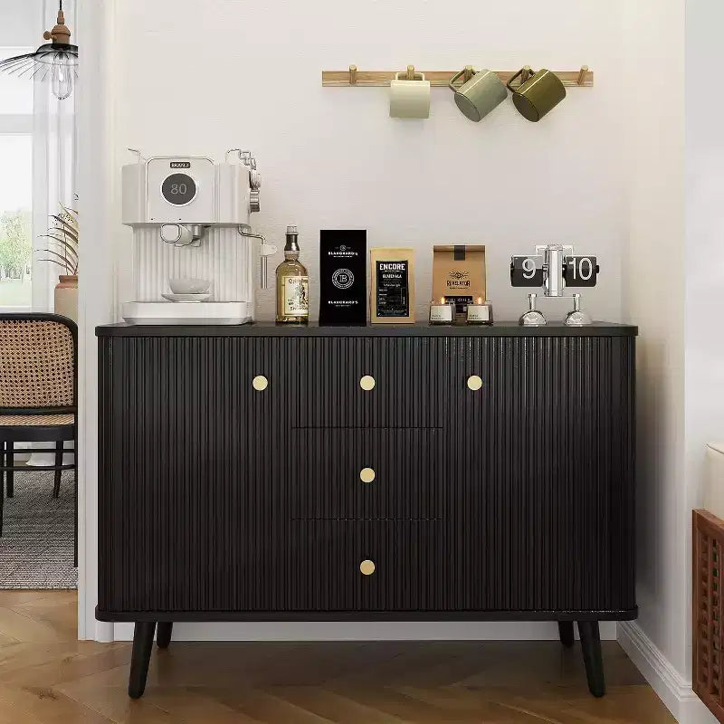 Mobile credenza con ante, buffet con cassetti e ante a flauto, mobile contenitore con 2 ante e 3 cassetti, nero