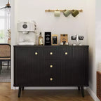 Mobile credenza con ante, buffet con cassetti e ante a flauto, mobile contenitore con 2 ante e 3 cassetti, nero