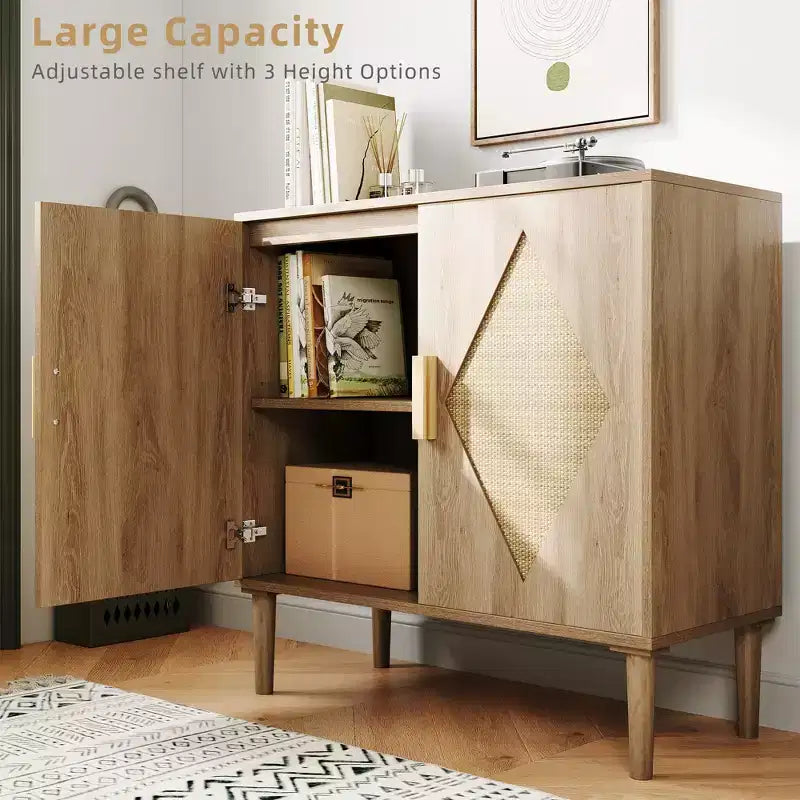 Mobile Buffet GustoWave con Contenitore, Armadietto Contenitore con 2 Sportelli in Rattan, Credenza, Mobiletto d'Accento per Soggiorno, Sala da Pranico, Ingresso