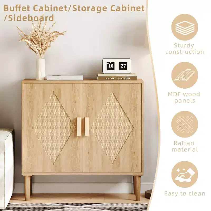 Mobile Buffet GustoWave con Contenitore, Armadietto Contenitore con 2 Sportelli in Rattan, Credenza, Mobiletto d'Accento per Soggiorno, Sala da Pranico, Ingresso