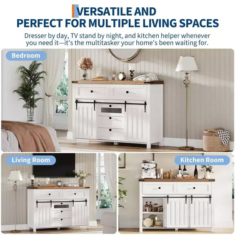 Buffet de rangement, armoire de rangement avec 5 tiroirs et 2 portes coulissantes de style grange, table en bois avec étagère réglable, pour salon, salle à manger