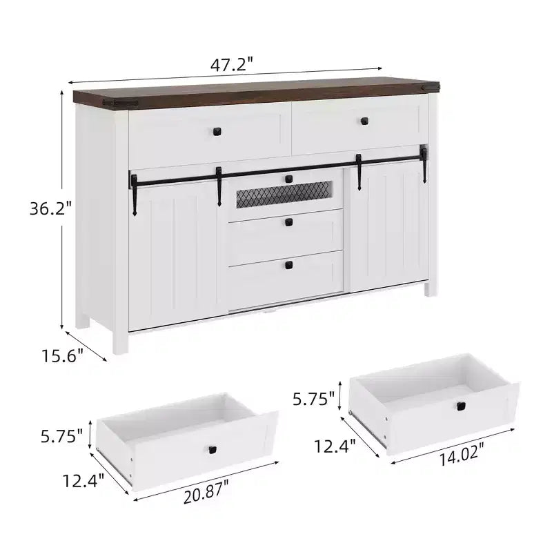 Buffet de rangement, armoire de rangement avec 5 tiroirs et 2 portes coulissantes de style grange, table en bois avec étagère réglable, pour salon, salle à manger
