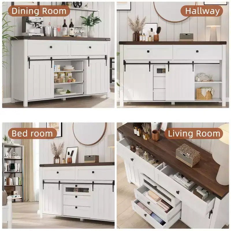 Buffet de rangement, armoire de rangement avec 5 tiroirs et 2 portes coulissantes de style grange, table en bois avec étagère réglable, pour salon, salle à manger
