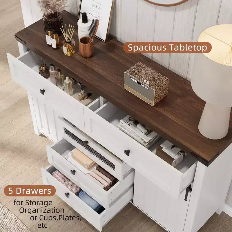 Buffet de rangement, armoire de rangement avec 5 tiroirs et 2 portes coulissantes de style grange, table en bois avec étagère réglable, pour salon, salle à manger