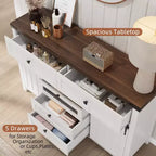 Buffet de rangement, armoire de rangement avec 5 tiroirs et 2 portes coulissantes de style grange, table en bois avec étagère réglable, pour salon, salle à manger