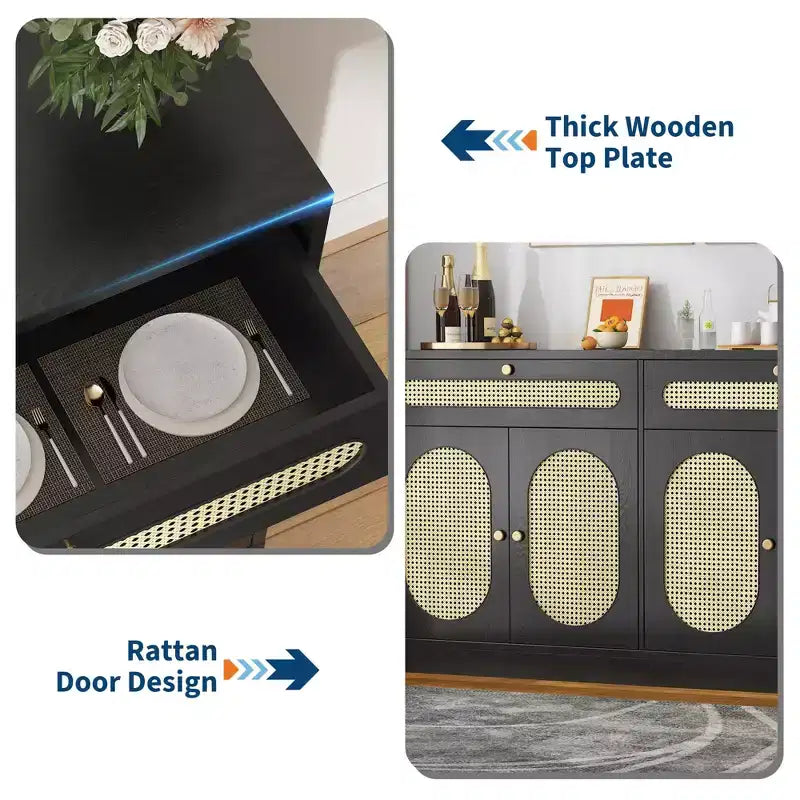 Madia/Credenza in Rattan da 60" con 2 Cassetti e 4 Ante in Rattan, Ripiani Regolabili e Spazio di Archiviazione