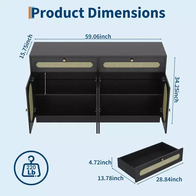 Madia/Credenza in Rattan da 60" con 2 Cassetti e 4 Ante in Rattan, Ripiani Regolabili e Spazio di Archiviazione