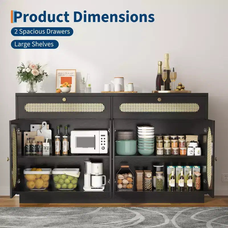 Madia/Credenza in Rattan da 60" con 2 Cassetti e 4 Ante in Rattan, Ripiani Regolabili e Spazio di Archiviazione