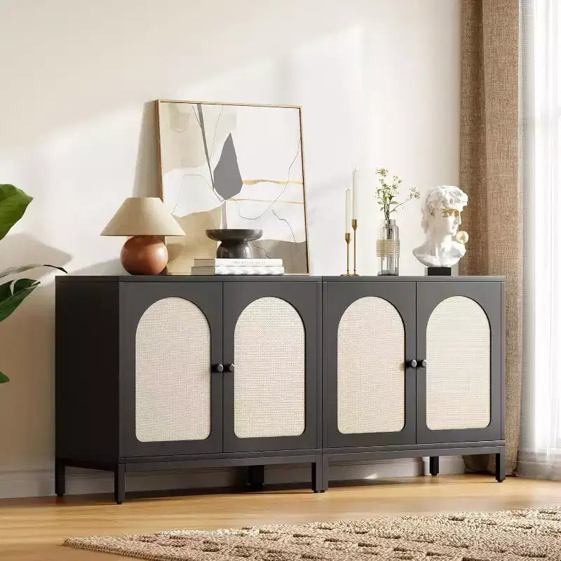 Meuble buffet en rotin avec portes de rangement et étagère réglable pour salon et couloir