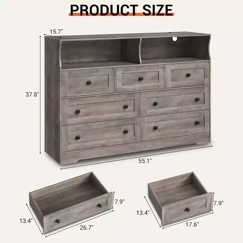 Commode indépendante, chiffonnier à 7 tiroirs avec LED, 2 compartiments ouverts et station de charge, organisateur de rangement pour chambre, entrée, chambre d'enfant