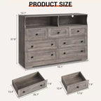 Commode indépendante, chiffonnier à 7 tiroirs avec LED, 2 compartiments ouverts et station de charge, organisateur de rangement pour chambre, entrée, chambre d'enfant