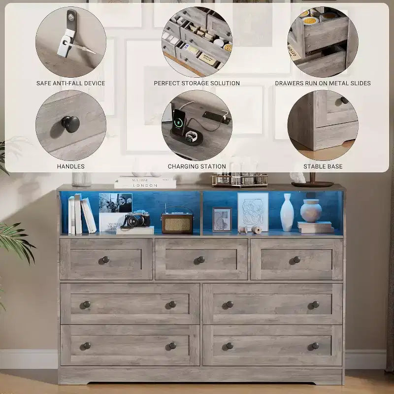 Commode indépendante, chiffonnier à 7 tiroirs avec LED, 2 compartiments ouverts et station de charge, organisateur de rangement pour chambre, entrée, chambre d'enfant