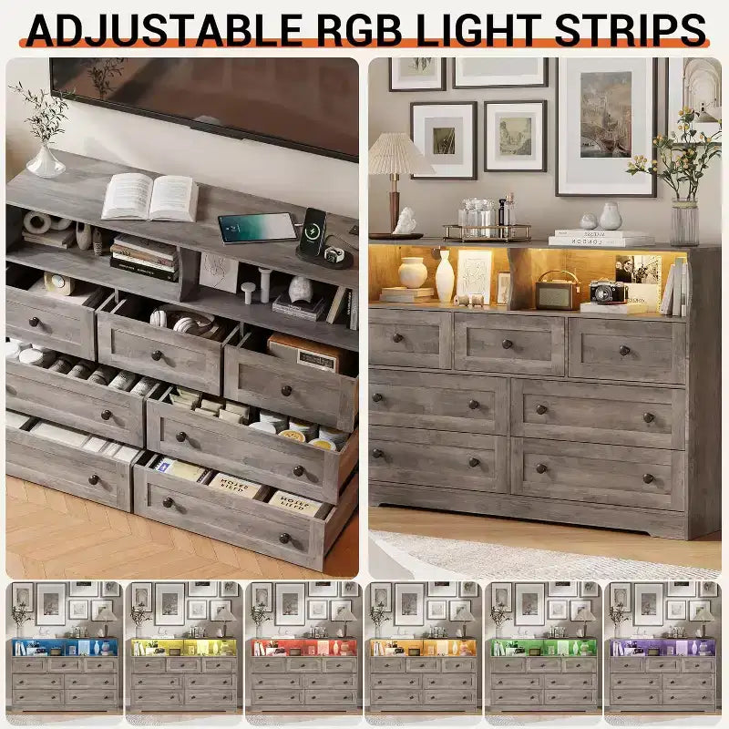 Commode indépendante, chiffonnier à 7 tiroirs avec LED, 2 compartiments ouverts et station de charge, organisateur de rangement pour chambre, entrée, chambre d'enfant