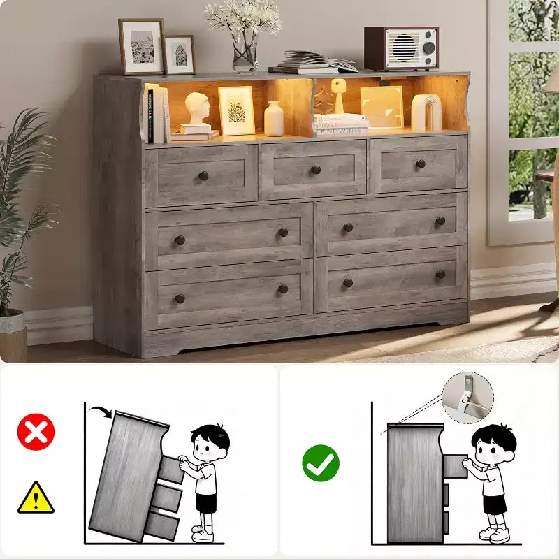 Commode indépendante, chiffonnier à 7 tiroirs avec LED, 2 compartiments ouverts et station de charge, organisateur de rangement pour chambre, entrée, chambre d'enfant