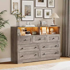 Commode indépendante, chiffonnier à 7 tiroirs avec LED, 2 compartiments ouverts et station de charge, organisateur de rangement pour chambre, entrée, chambre d'enfant