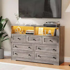 Commode indépendante, chiffonnier à 7 tiroirs avec LED, 2 compartiments ouverts et station de charge, organisateur de rangement pour chambre, entrée, chambre d'enfant