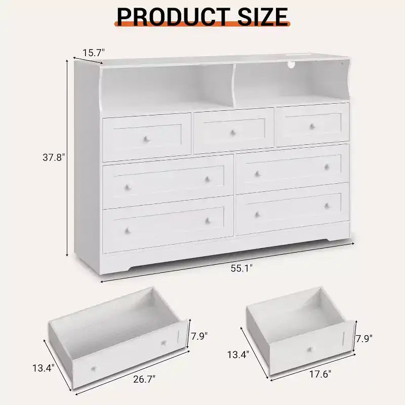 Commode indépendante, chiffonnier à 7 tiroirs avec LED, 2 compartiments ouverts et station de charge, organisateur de rangement pour chambre, entrée, chambre d'enfant