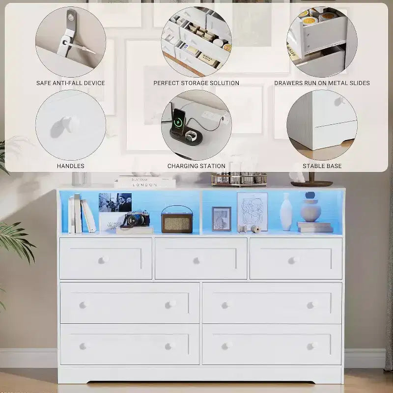 Commode indépendante, chiffonnier à 7 tiroirs avec LED, 2 compartiments ouverts et station de charge, organisateur de rangement pour chambre, entrée, chambre d'enfant