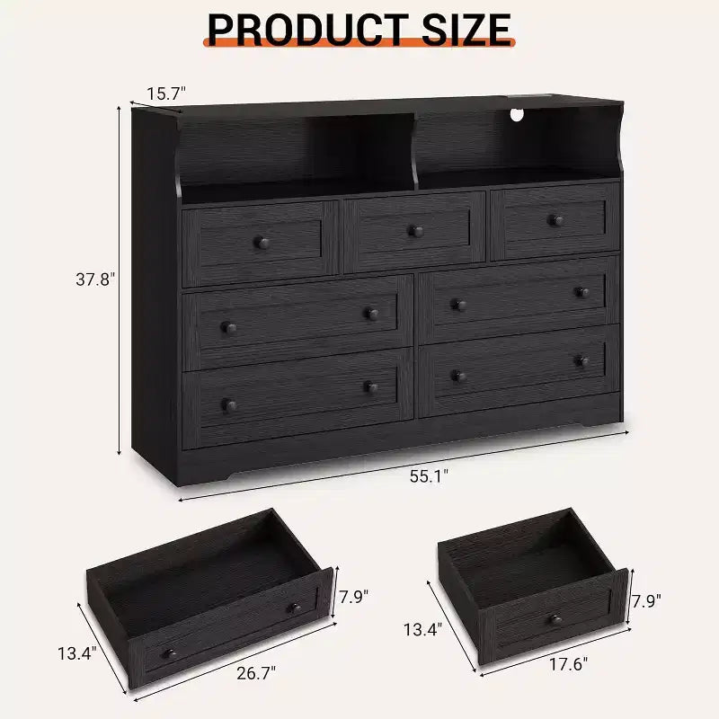 Commode indépendante, chiffonnier à 7 tiroirs avec LED, 2 compartiments ouverts et station de charge, organisateur de rangement pour chambre, entrée, chambre d'enfant