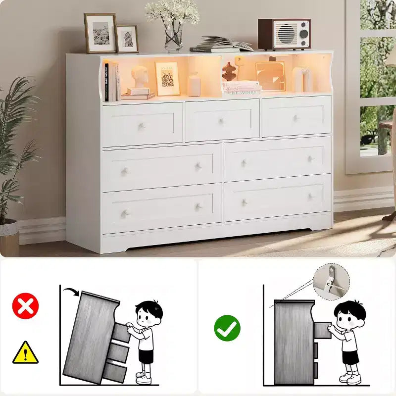 Commode indépendante, chiffonnier à 7 tiroirs avec LED, 2 compartiments ouverts et station de charge, organisateur de rangement pour chambre, entrée, chambre d'enfant