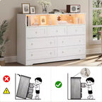 Commode indépendante, chiffonnier à 7 tiroirs avec LED, 2 compartiments ouverts et station de charge, organisateur de rangement pour chambre, entrée, chambre d'enfant