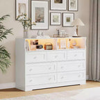Commode indépendante, chiffonnier à 7 tiroirs avec LED, 2 compartiments ouverts et station de charge, organisateur de rangement pour chambre, entrée, chambre d'enfant