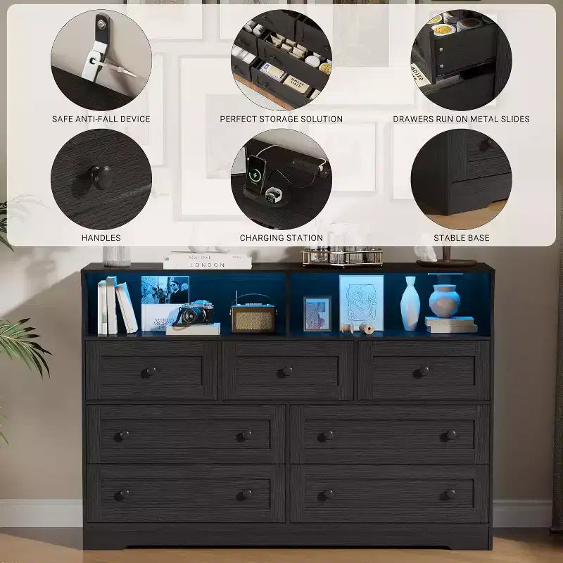 Commode indépendante, chiffonnier à 7 tiroirs avec LED, 2 compartiments ouverts et station de charge, organisateur de rangement pour chambre, entrée, chambre d'enfant