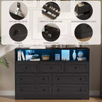 Commode indépendante, chiffonnier à 7 tiroirs avec LED, 2 compartiments ouverts et station de charge, organisateur de rangement pour chambre, entrée, chambre d'enfant