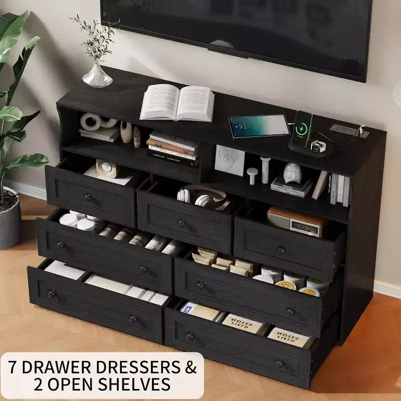 Commode indépendante, chiffonnier à 7 tiroirs avec LED, 2 compartiments ouverts et station de charge, organisateur de rangement pour chambre, entrée, chambre d'enfant