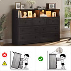 Commode indépendante, chiffonnier à 7 tiroirs avec LED, 2 compartiments ouverts et station de charge, organisateur de rangement pour chambre, entrée, chambre d'enfant